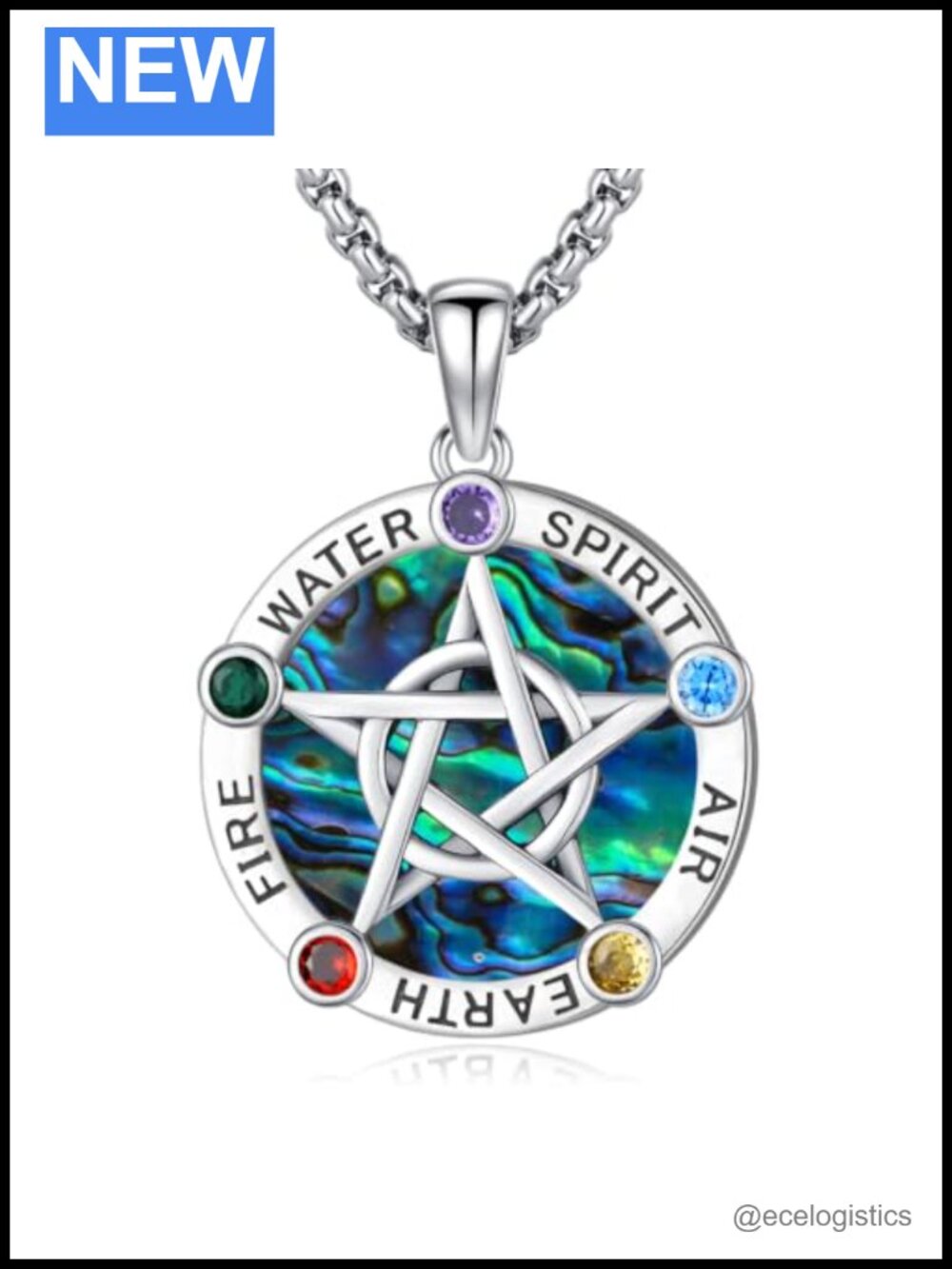 Pentagram Pendant Necklace Sterling Silver Plated Copper Abalone Shell Crystals